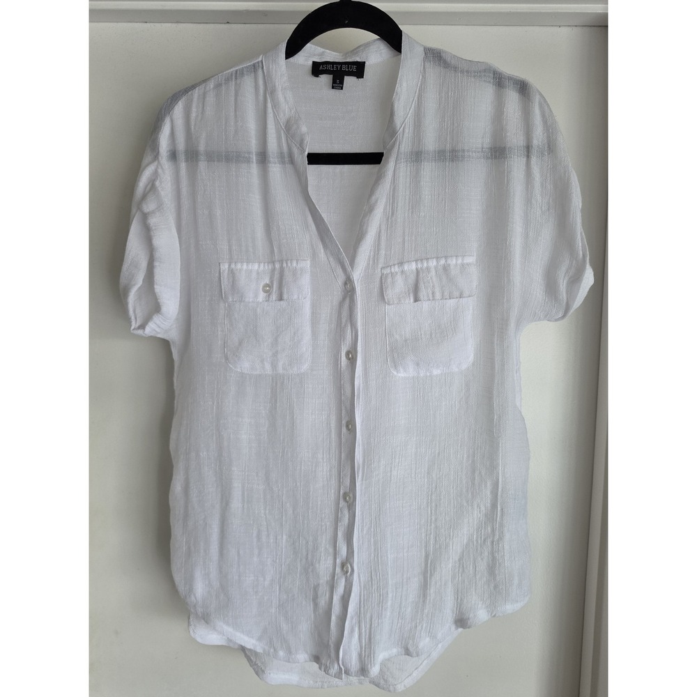 Ashley Blue Women's Blouse S White Short Sleeve Cotton Blend Lightweight Sheer